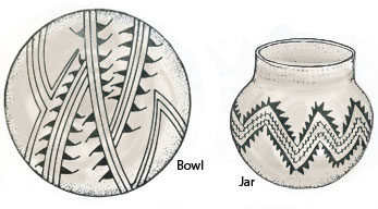 Pueblo I white ware pottery. Pen-and-ink drawing by Lee R. Schmidlap, Jr.