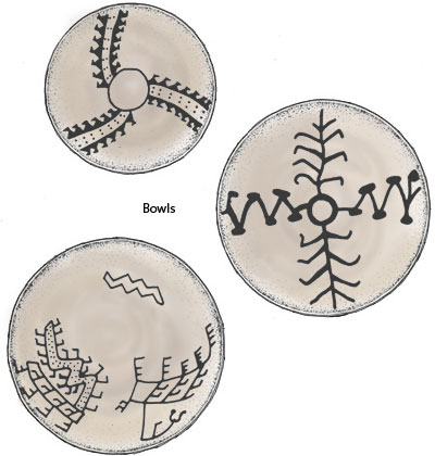 Basketmaker III white ware pottery. Pen-and-ink drawing by Lee R. Schmidlap, Jr.
