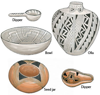 Pueblo II white ware and red ware pottery. Pen-and-ink drawing by Lee R. Schmidlap, Jr.