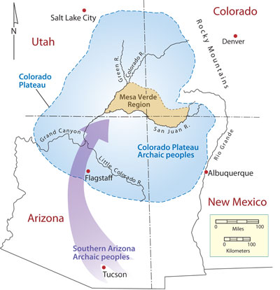 Migration of Archaic peoples from southern Arizona to the Colorado Plateau. Map by Joyce Heuman Kramer; copyright Crow Canyon Archaeological Center.