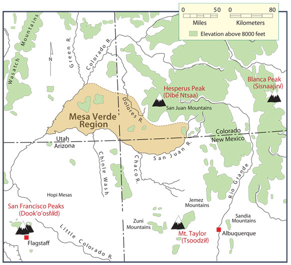 Sacred mountains. Map by Neal Morris; copyright Crow Canyon Archaeological Center.