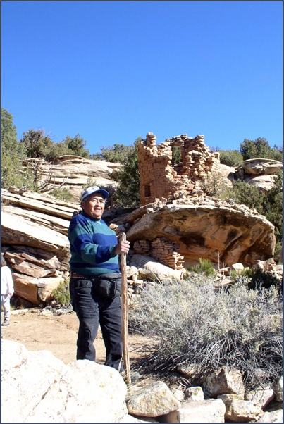 Pueblo visitor to ancient site. Photo by Victoria Atkins; courtesy Anasazi Heritage Center.