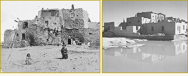 Pueblo villages (Hopi, left, and Acoma, right) during the Post-Migration period.