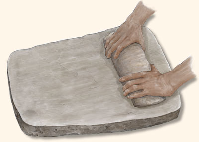 Slab metate and two-hand mano.